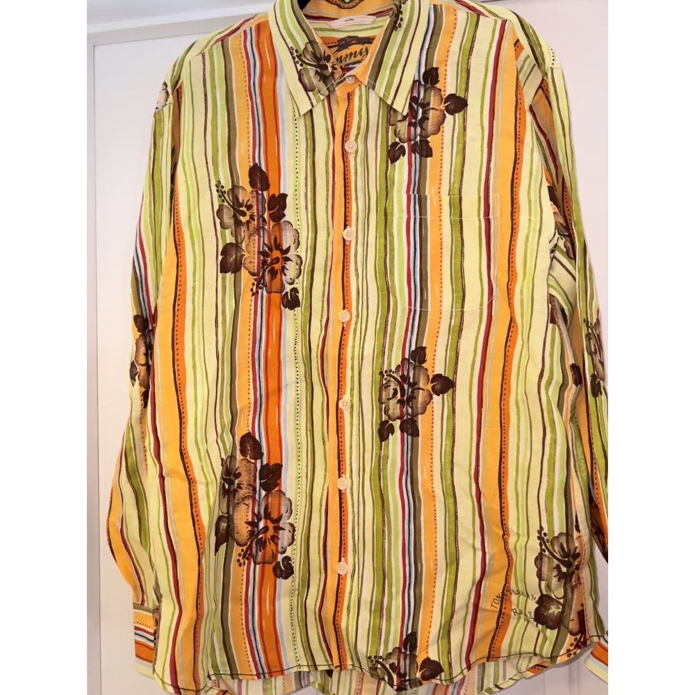 Tommy Bahama 100% Linen Shirt Mens Large Long Sleeve Multicolor Stripes Hibiscus